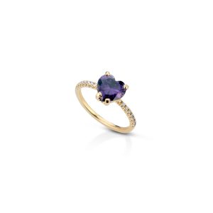 Anello in Argento 925, pietra viola a forma di cuore e zirconi