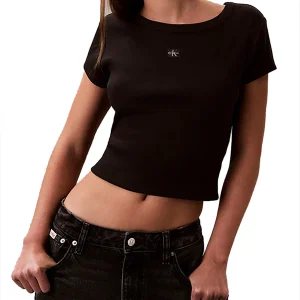CALVIN KLEIN T-shirt slim in cotone a coste con stemma(BIANCA-NERA)